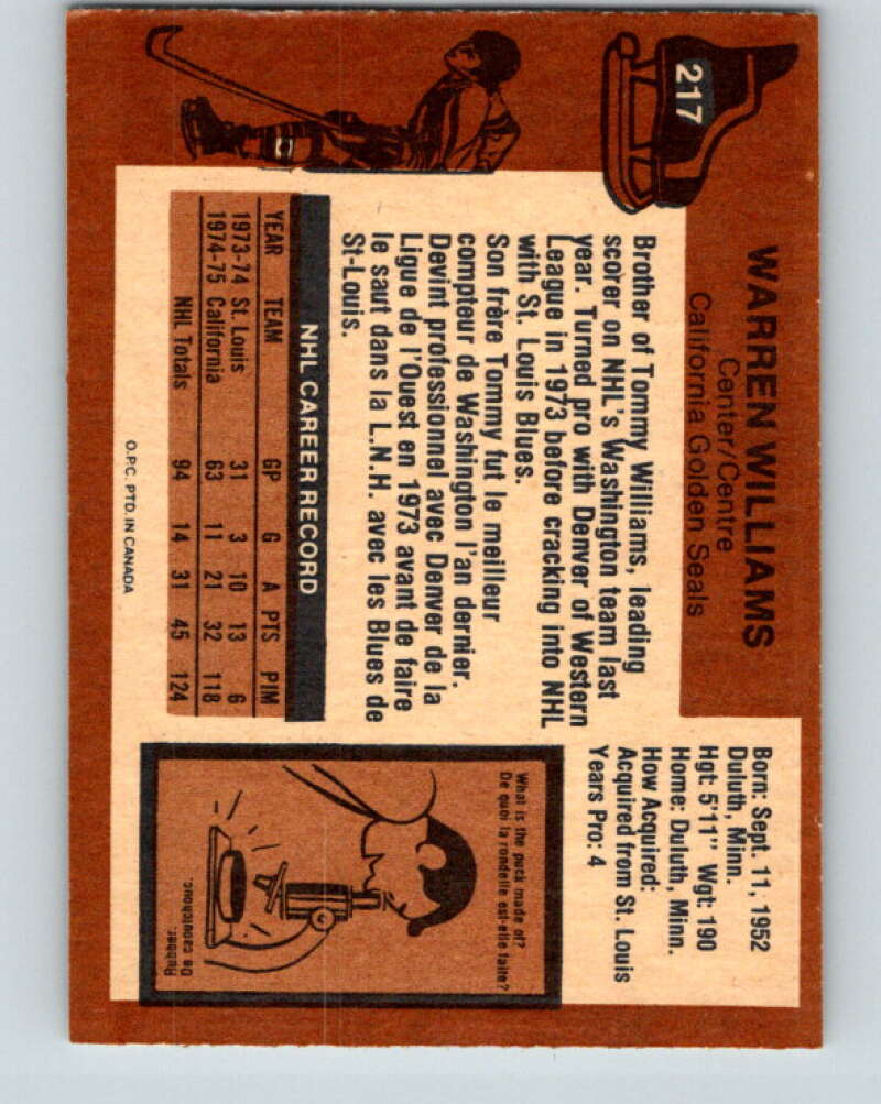 1975-76 O-Pee-Chee #217 Butch Williams RC Rookie California Golden Seals V6119