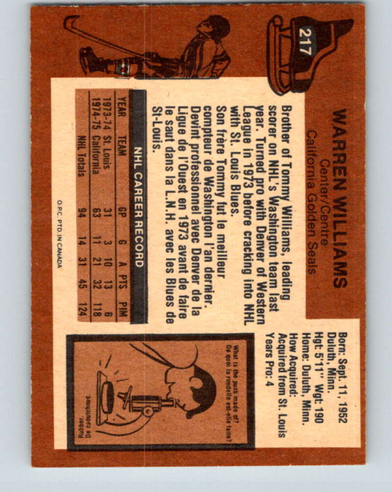1975-76 O-Pee-Chee #217 Butch Williams RC Rookie California Golden Seals V6120