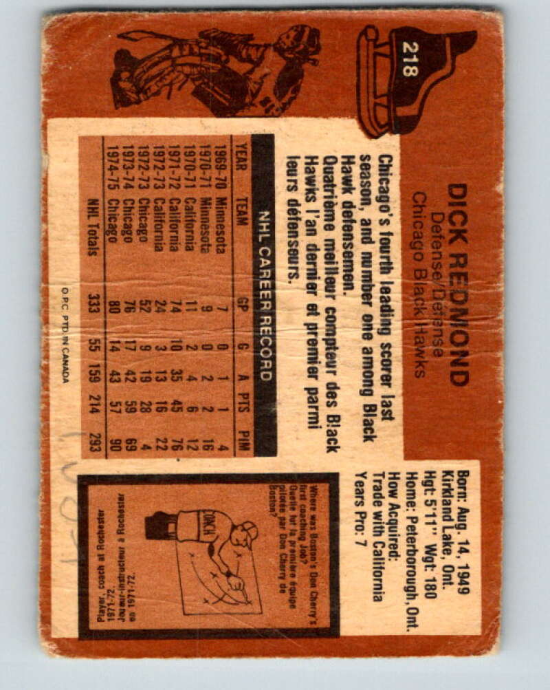 1975-76 O-Pee-Chee #218 Dick Redmond Chicago Blackhawks V6124