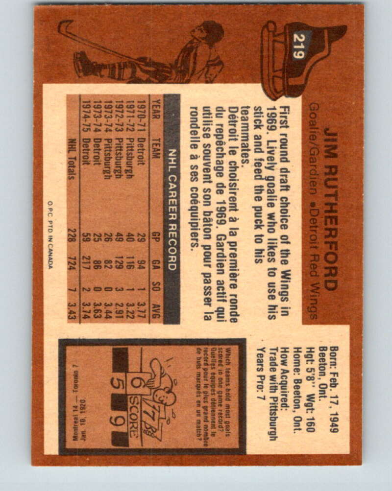 1975-76 O-Pee-Chee #219 Jim Rutherford Detroit Red Wings V6132