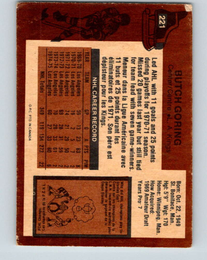 1975-76 O-Pee-Chee #221 Butch Goring Los Angeles Kings V6139