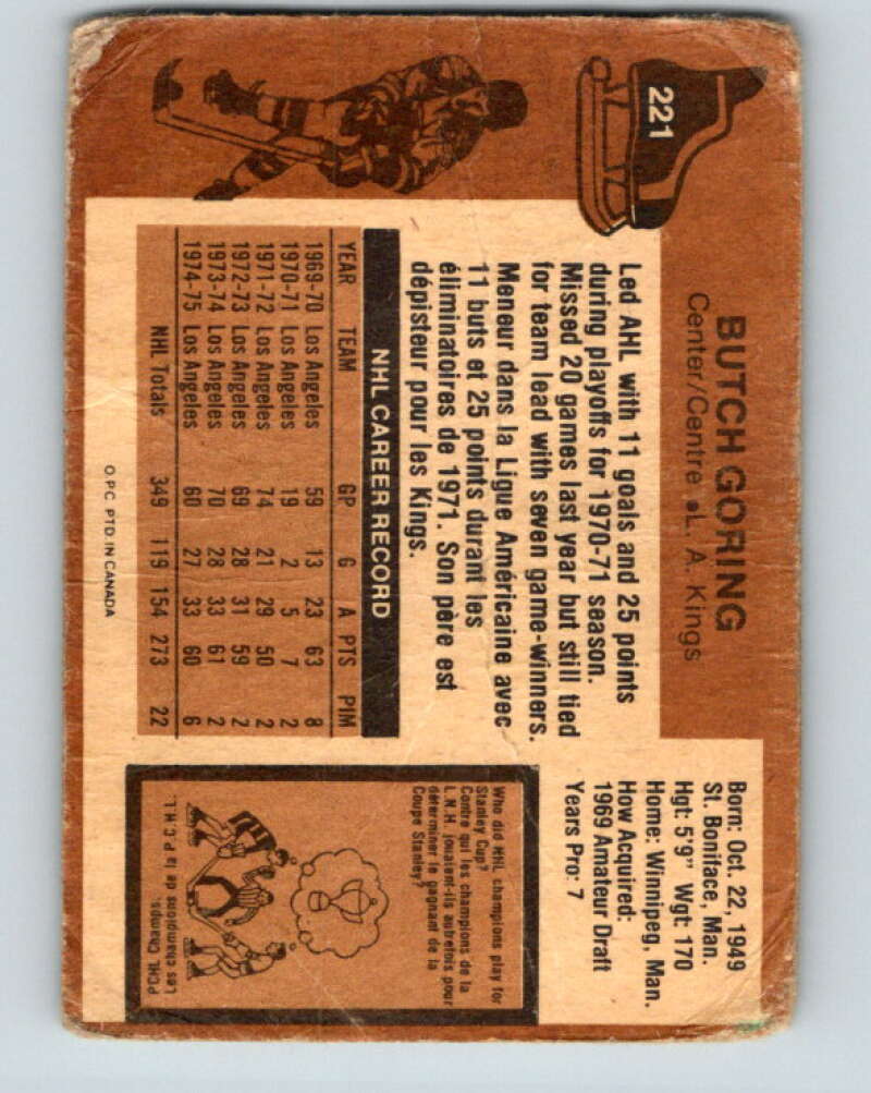 1975-76 O-Pee-Chee #221 Butch Goring Los Angeles Kings V6143