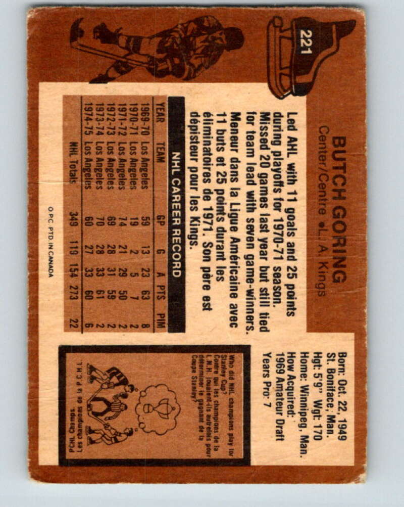 1975-76 O-Pee-Chee #221 Butch Goring Los Angeles Kings V6144