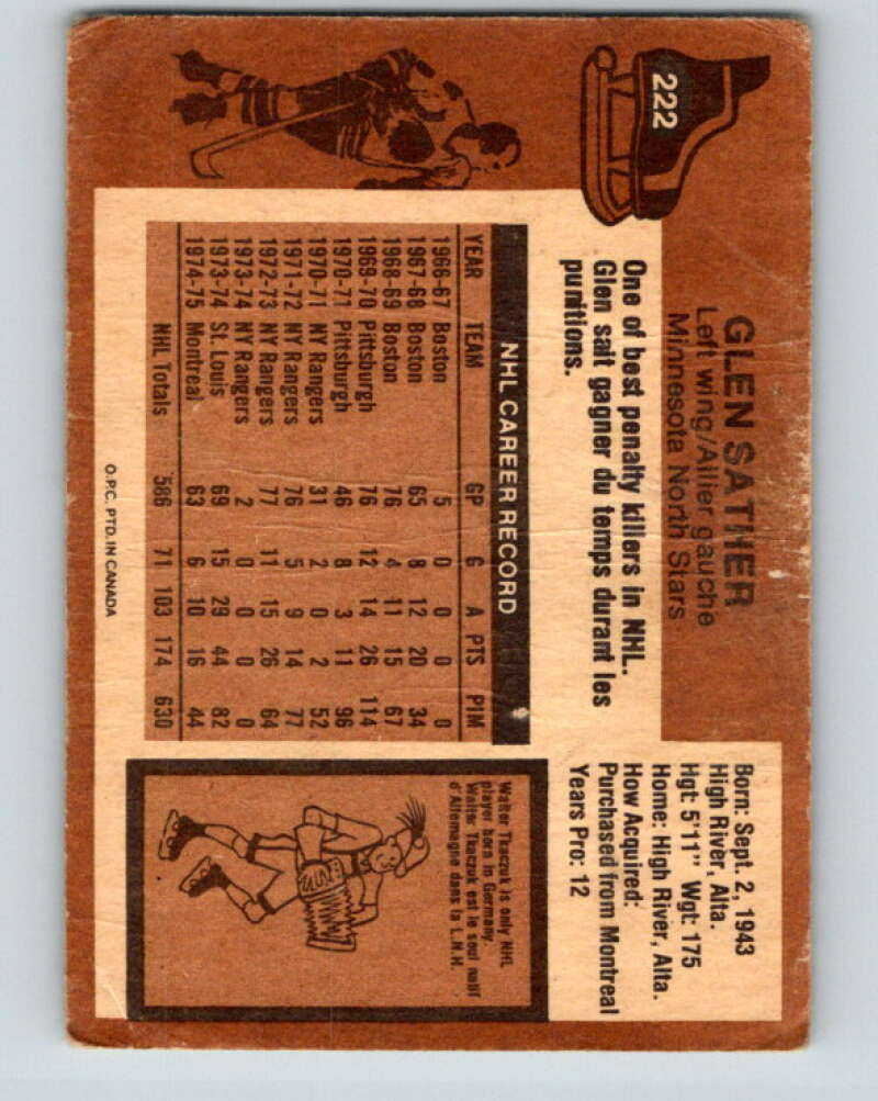 1975-76 O-Pee-Chee #222 Glen Sather Minnesota North Stars V6146
