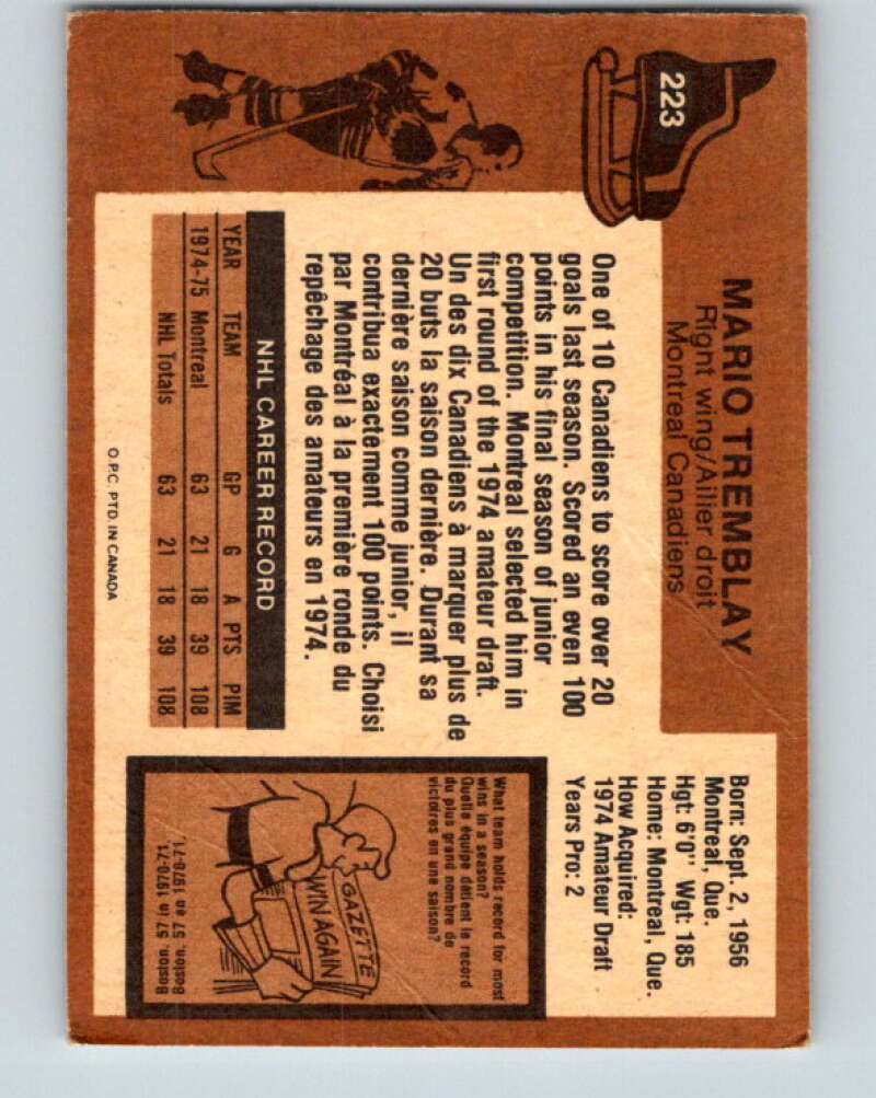 1975-76 O-Pee-Chee #223 Mario Tremblay UER RC Rookie Montreal Canadiens V6154