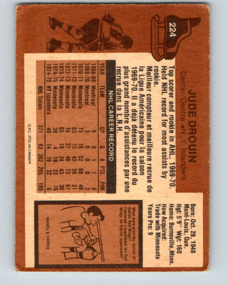 1975-76 O-Pee-Chee #224 Jude Drouin New York Islanders V6156