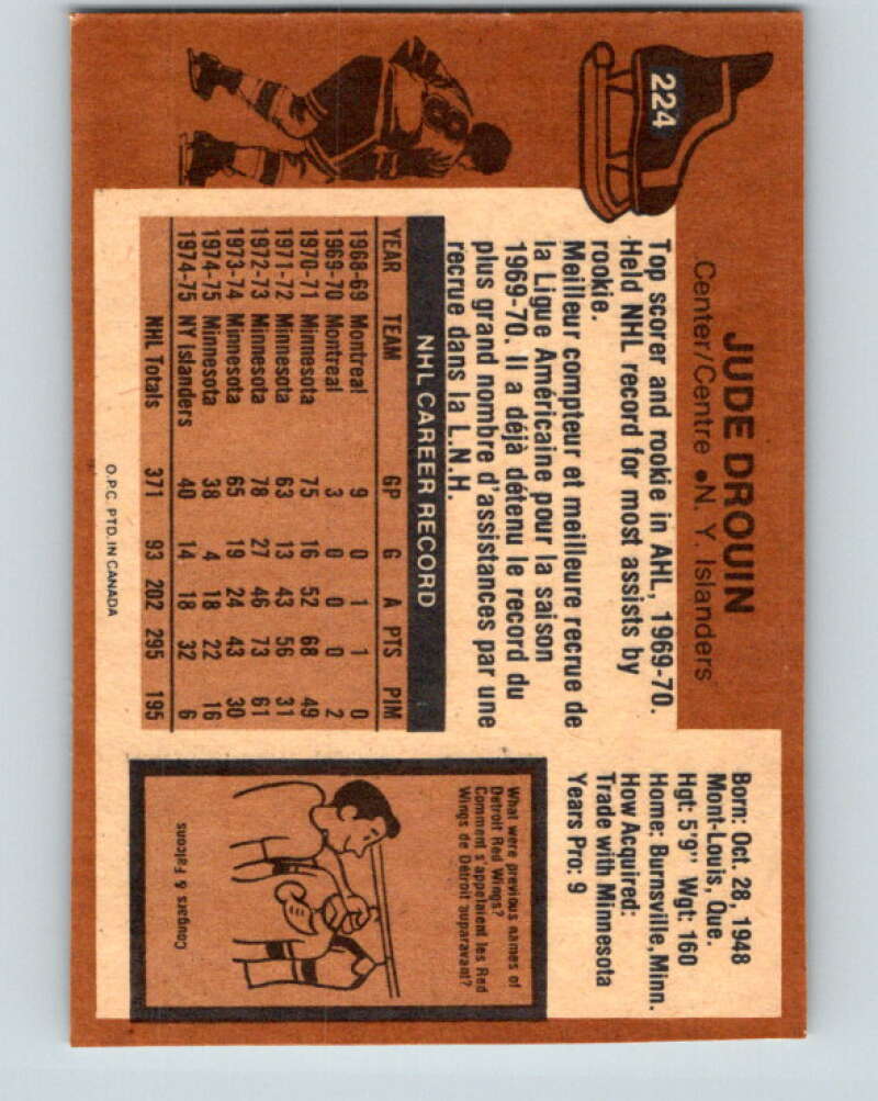 1975-76 O-Pee-Chee #224 Jude Drouin New York Islanders V6157