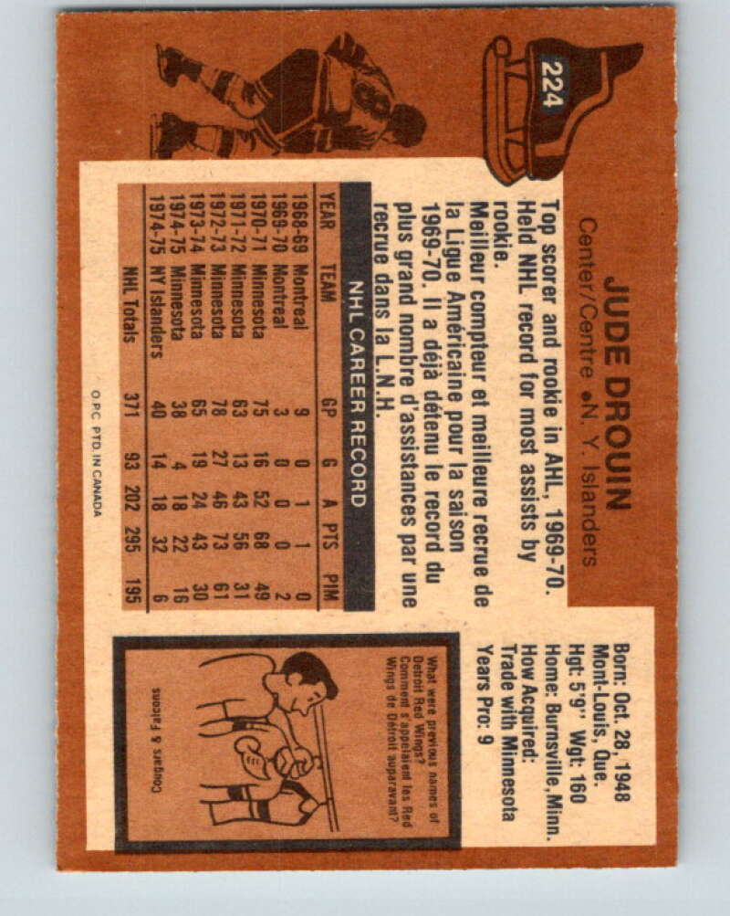 1975-76 O-Pee-Chee #224 Jude Drouin New York Islanders V6158