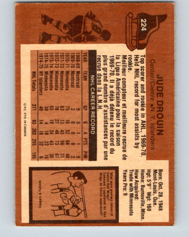 1975-76 O-Pee-Chee #224 Jude Drouin New York Islanders V6159