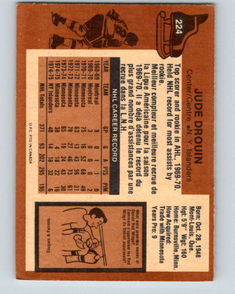 1975-76 O-Pee-Chee #224 Jude Drouin New York Islanders V6160
