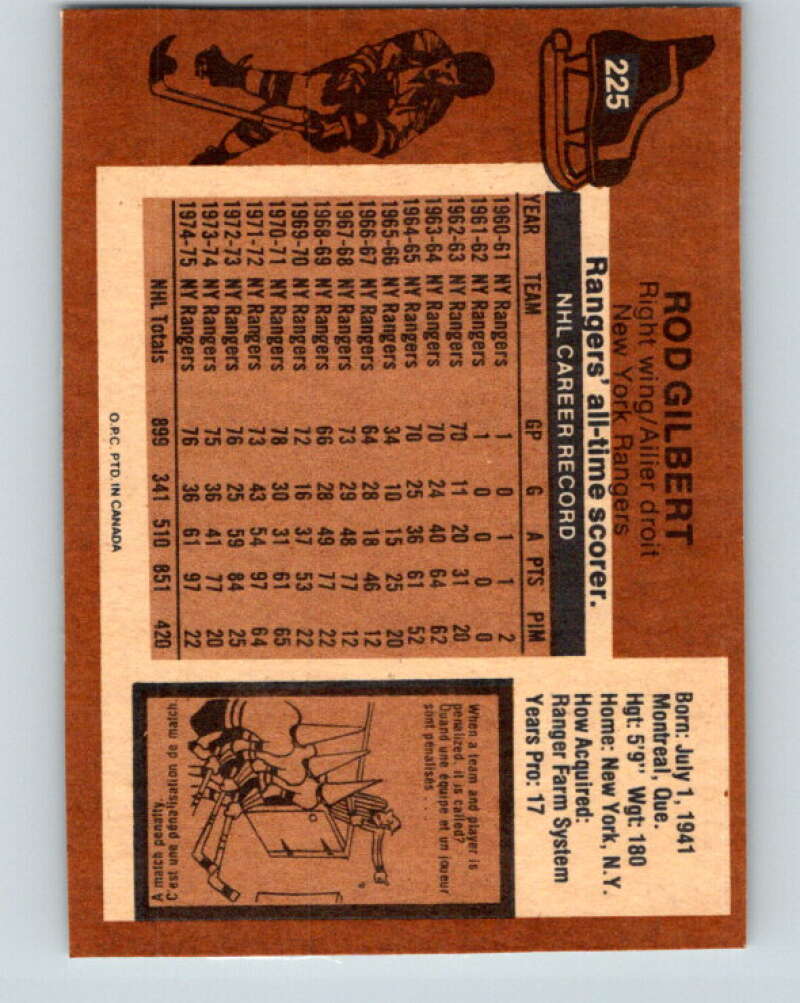 1975-76 O-Pee-Chee #225 Rod Gilbert New York Rangers V6162