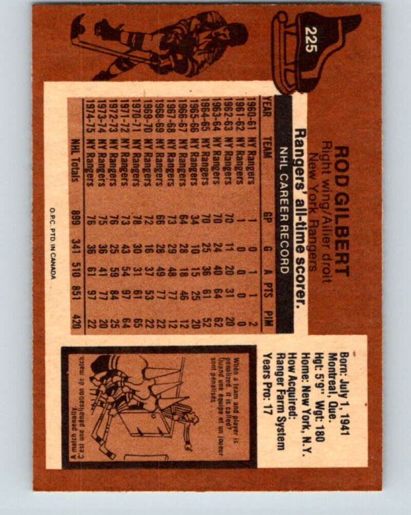1975-76 O-Pee-Chee #225 Rod Gilbert New York Rangers V6163