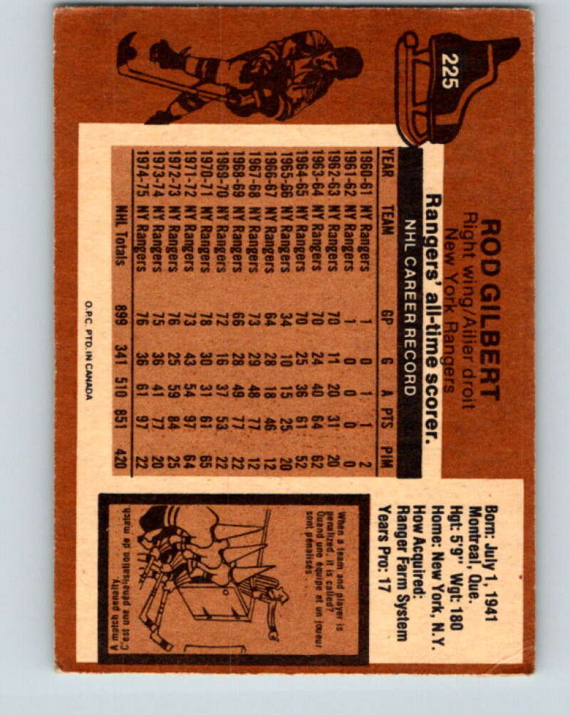 1975-76 O-Pee-Chee #225 Rod Gilbert New York Rangers V6164