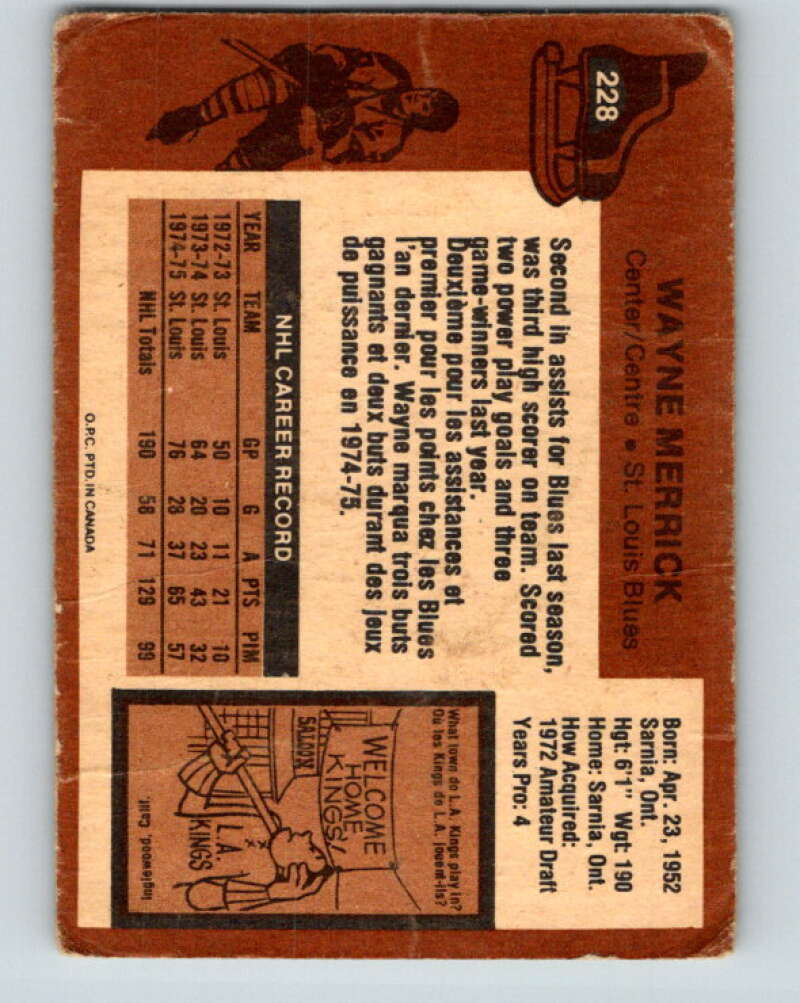 1975-76 O-Pee-Chee #228 Wayne Merrick St. Louis Blues V6179