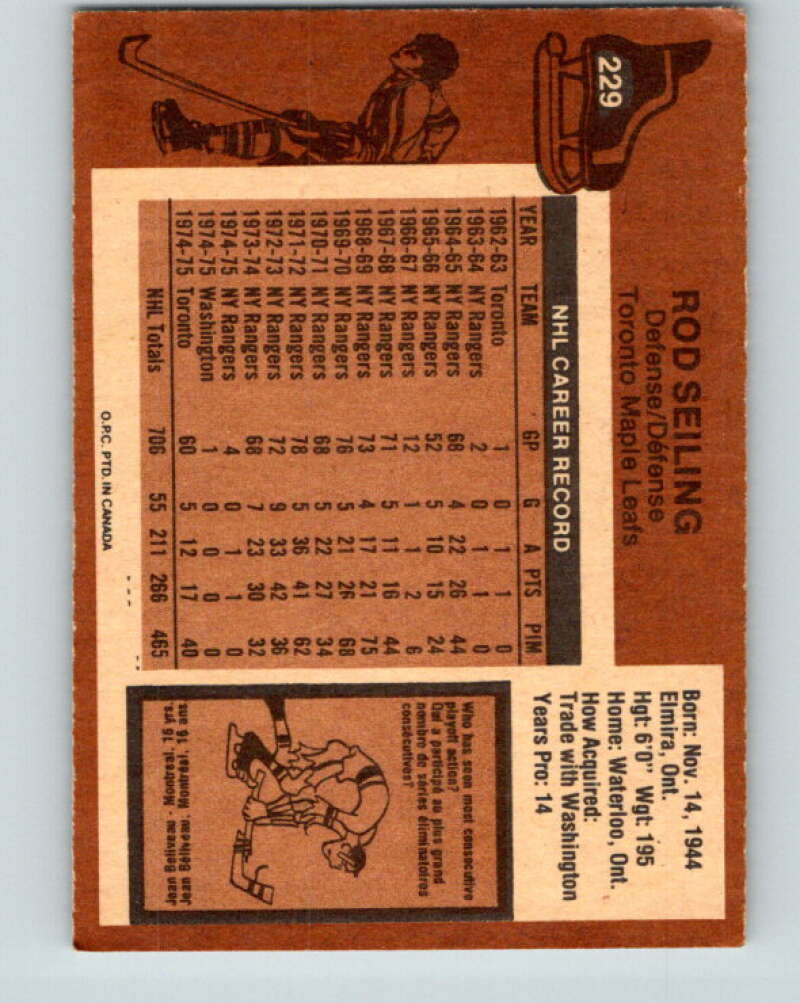 1975-76 O-Pee-Chee #229 Rod Seiling Toronto Maple Leafs V6180
