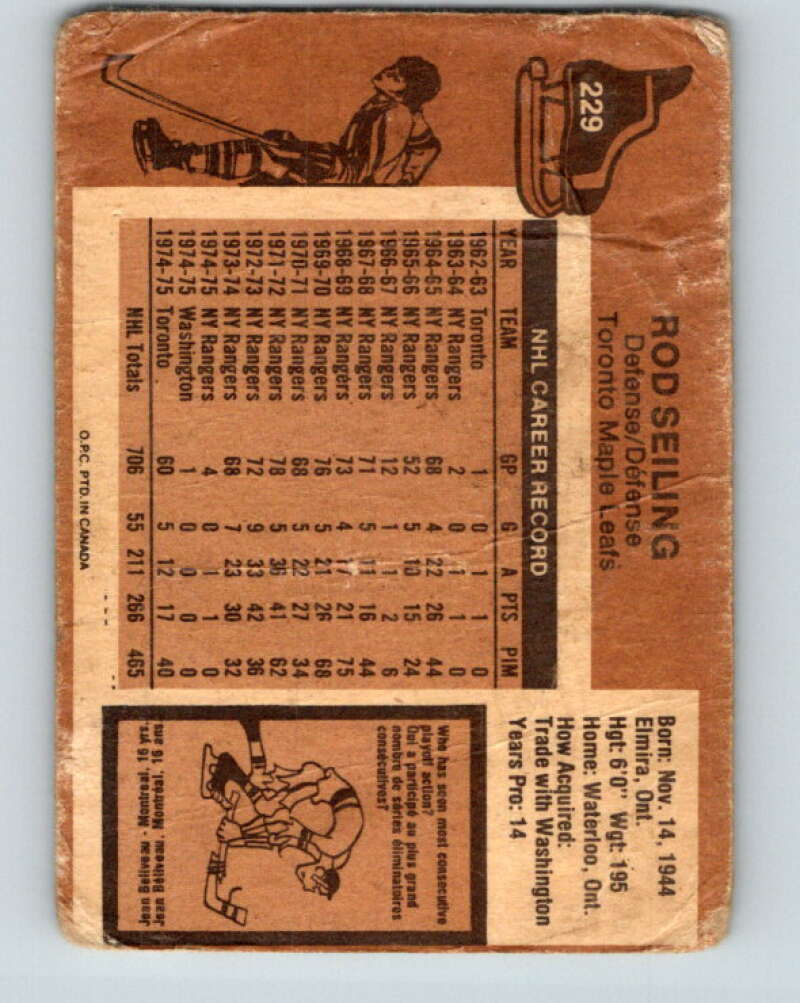 1975-76 O-Pee-Chee #229 Rod Seiling Toronto Maple Leafs V6181