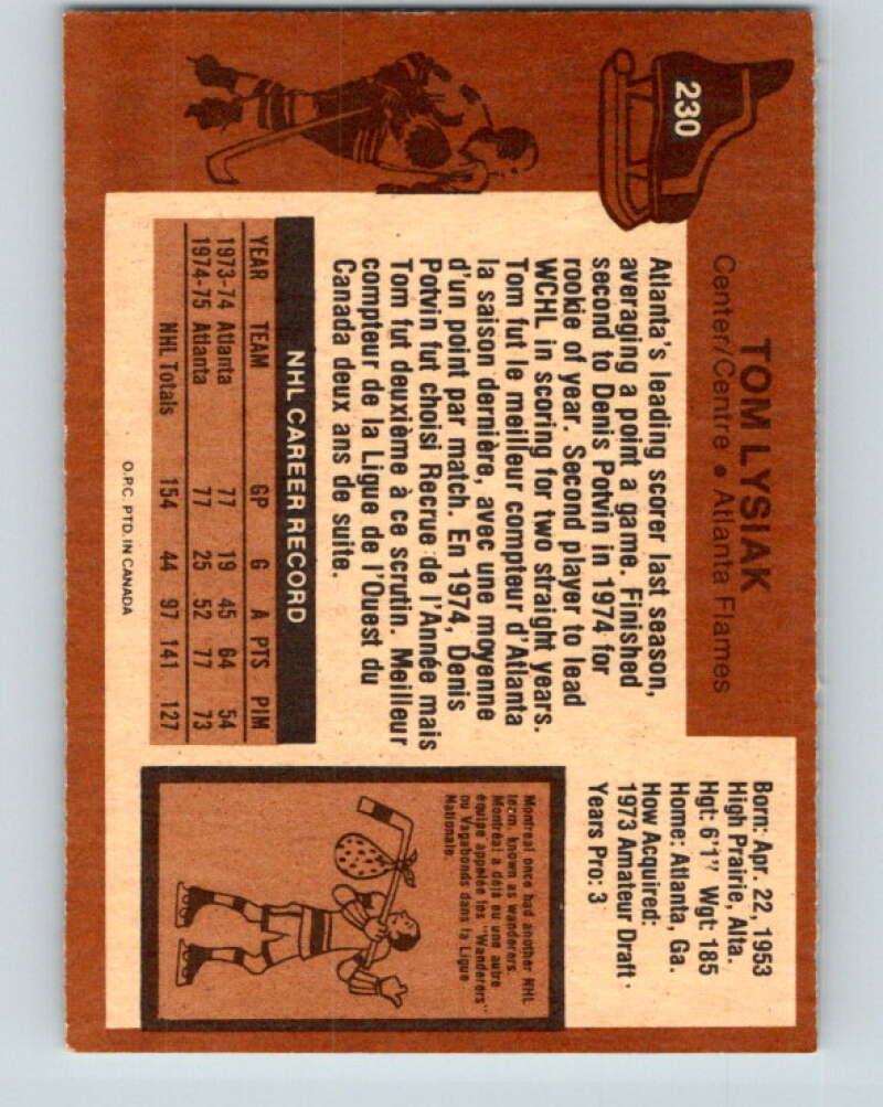 1975-76 O-Pee-Chee #230 Tom Lysiak Atlanta Flames V6186
