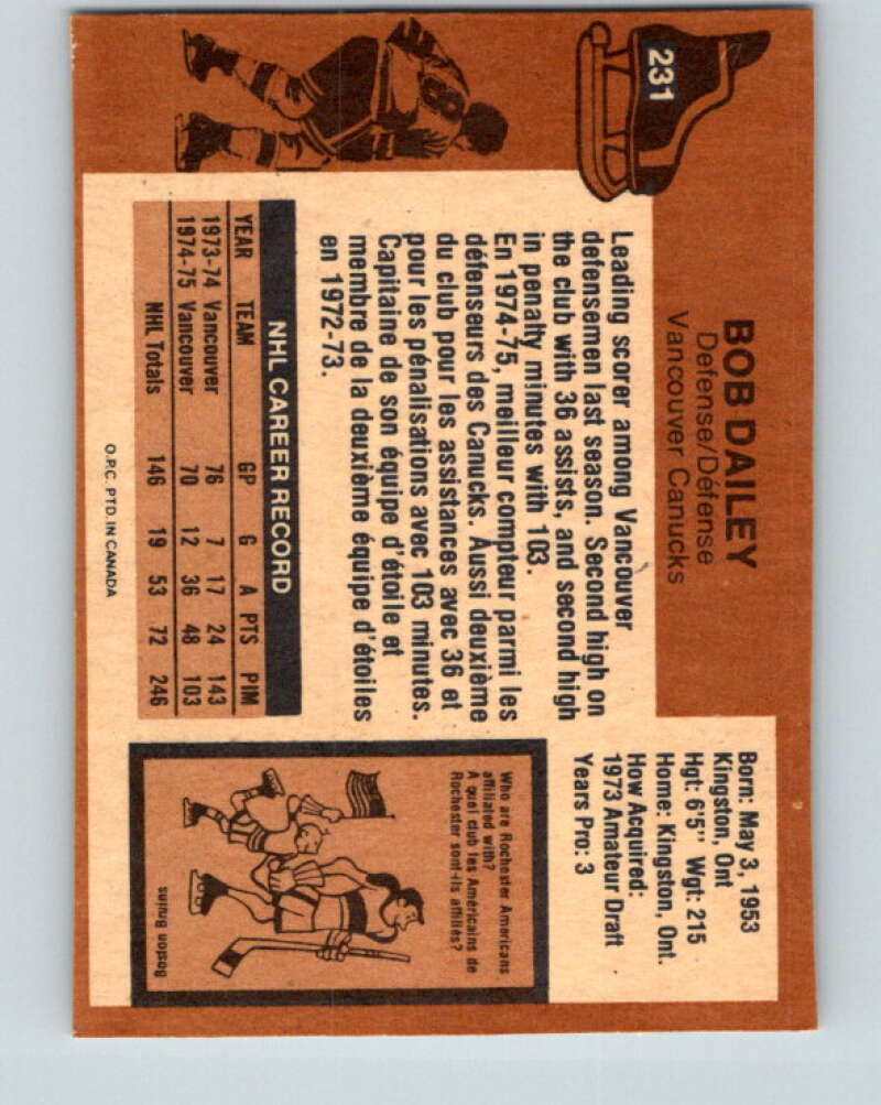 1975-76 O-Pee-Chee #231 Bob Dailey Vancouver Canucks V6188