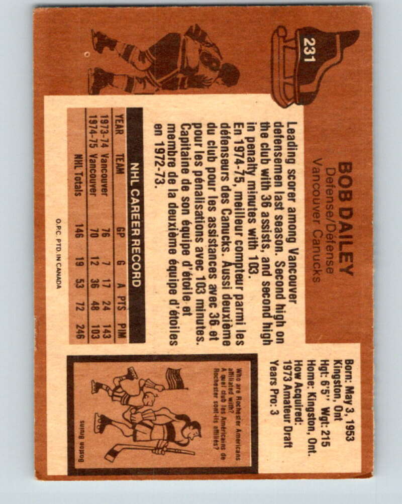 1975-76 O-Pee-Chee #231 Bob Dailey Vancouver Canucks V6193