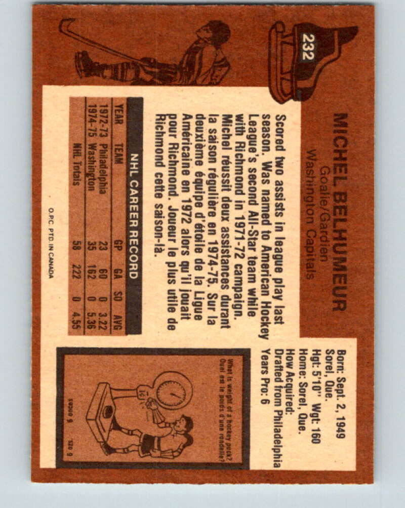 1975-76 O-Pee-Chee #232 Michel Belhumeur Washington Capitals V6195