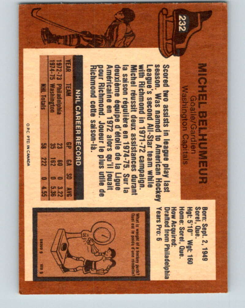 1975-76 O-Pee-Chee #232 Michel Belhumeur Washington Capitals V6196