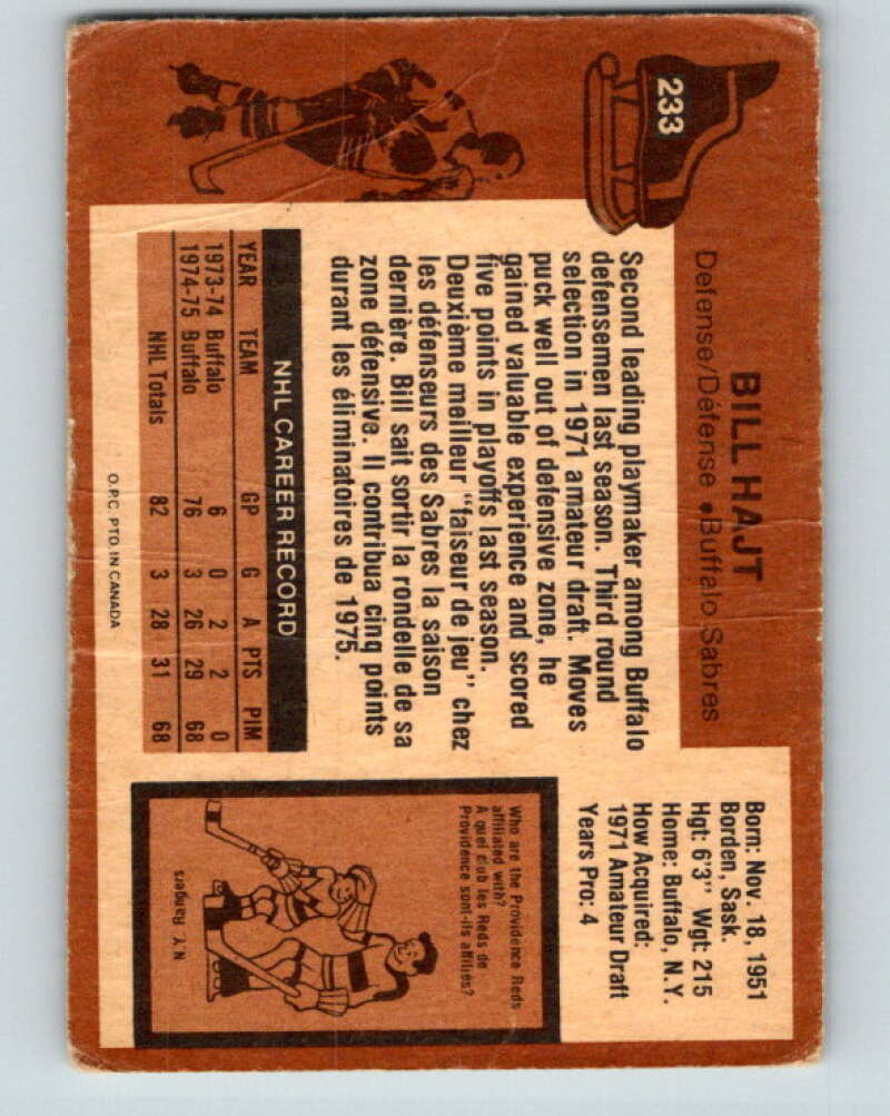 1975-76 O-Pee-Chee #233 Bill Hajt RC Rookie Buffalo Sabres V6197