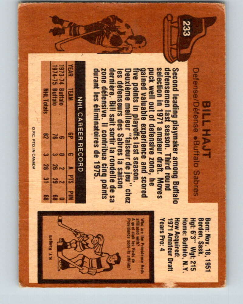1975-76 O-Pee-Chee #233 Bill Hajt RC Rookie Buffalo Sabres V6198