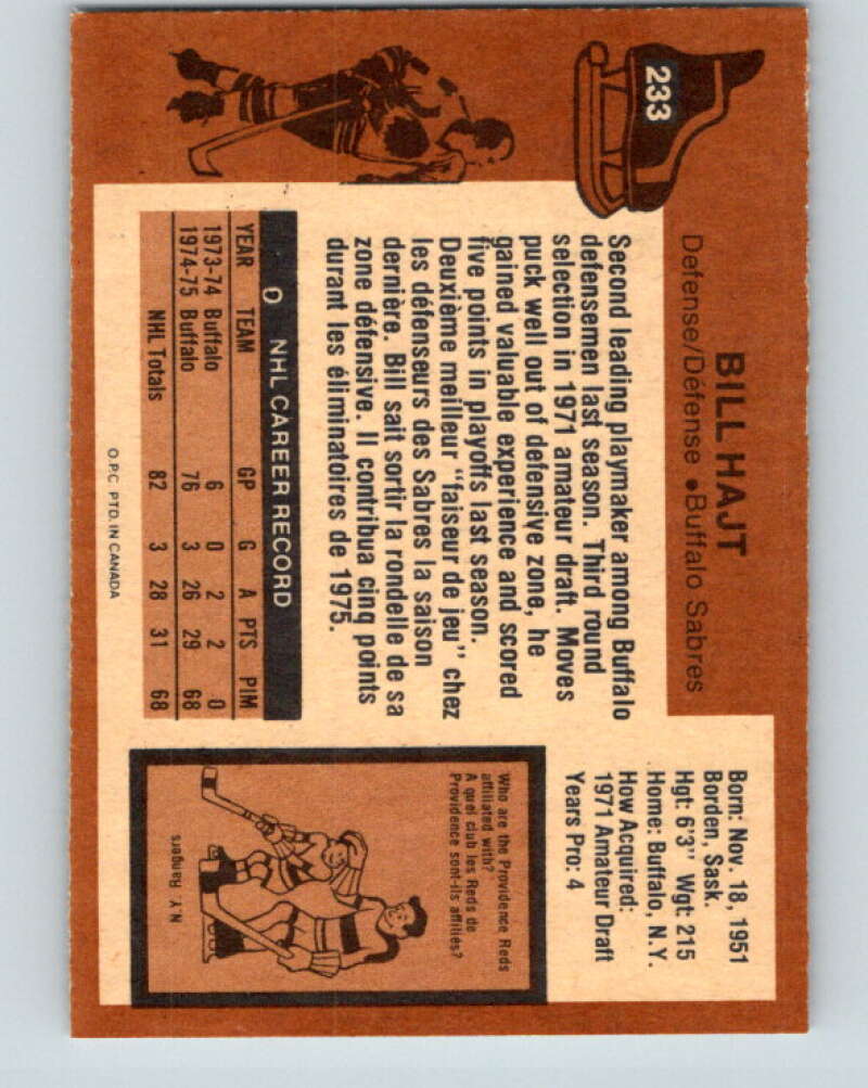 1975-76 O-Pee-Chee #233 Bill Hajt RC Rookie Buffalo Sabres V6199