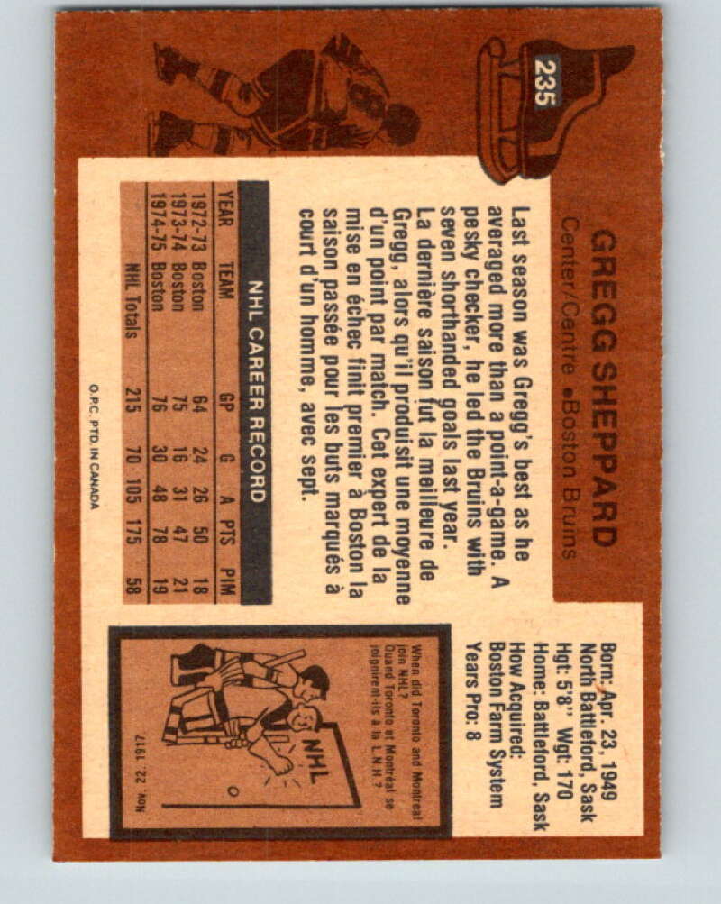 1975-76 O-Pee-Chee #235 Gregg Sheppard Boston Bruins V6203
