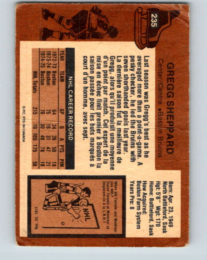 1975-76 O-Pee-Chee #235 Gregg Sheppard Boston Bruins V6206