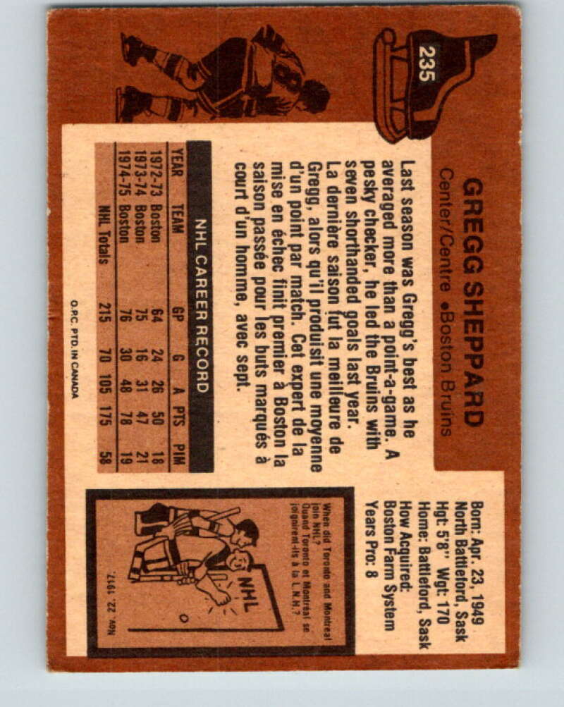 1975-76 O-Pee-Chee #235 Gregg Sheppard Boston Bruins V6208