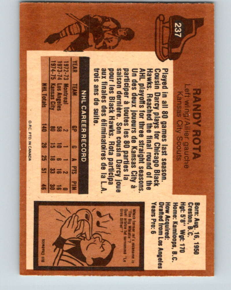 1975-76 O-Pee-Chee #237 Randy Rota Kansas City Scouts V6210