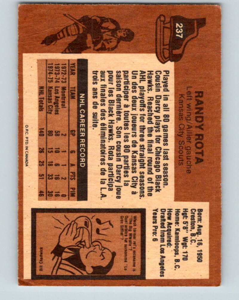1975-76 O-Pee-Chee #237 Randy Rota Kansas City Scouts V6211