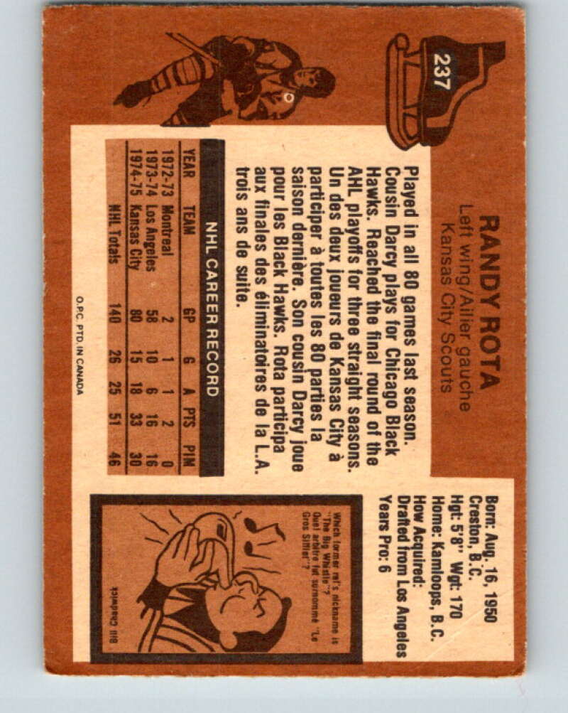 1975-76 O-Pee-Chee #237 Randy Rota Kansas City Scouts V6212