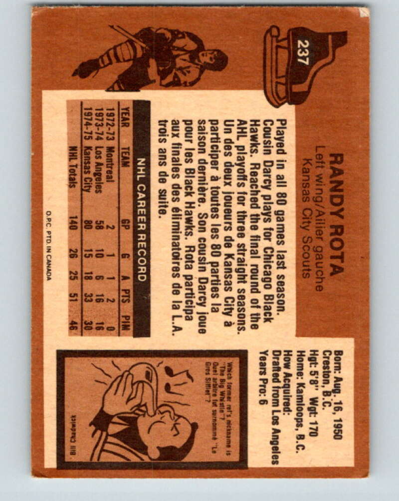 1975-76 O-Pee-Chee #237 Randy Rota Kansas City Scouts V6213