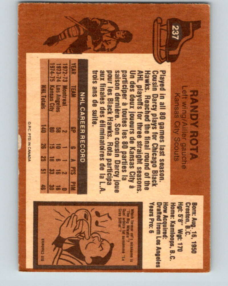 1975-76 O-Pee-Chee #237 Randy Rota Kansas City Scouts V6214