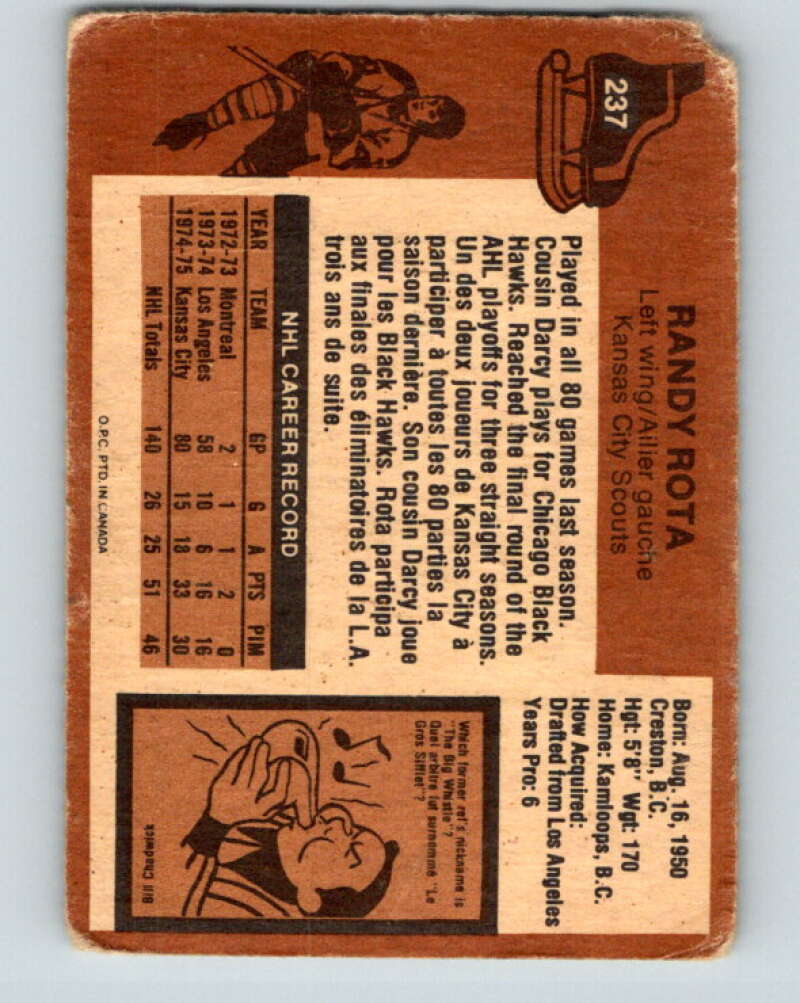 1975-76 O-Pee-Chee #237 Randy Rota Kansas City Scouts V6216
