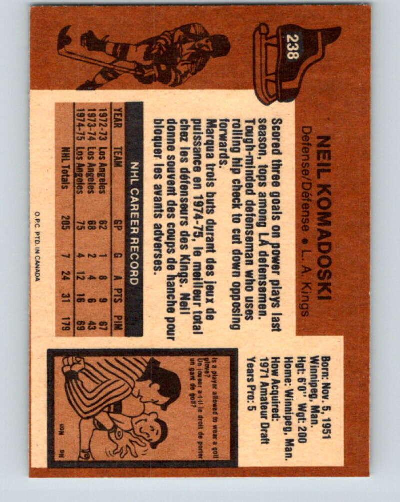 1975-76 O-Pee-Chee #238 Neil Komadoski Los Angeles Kings V6217