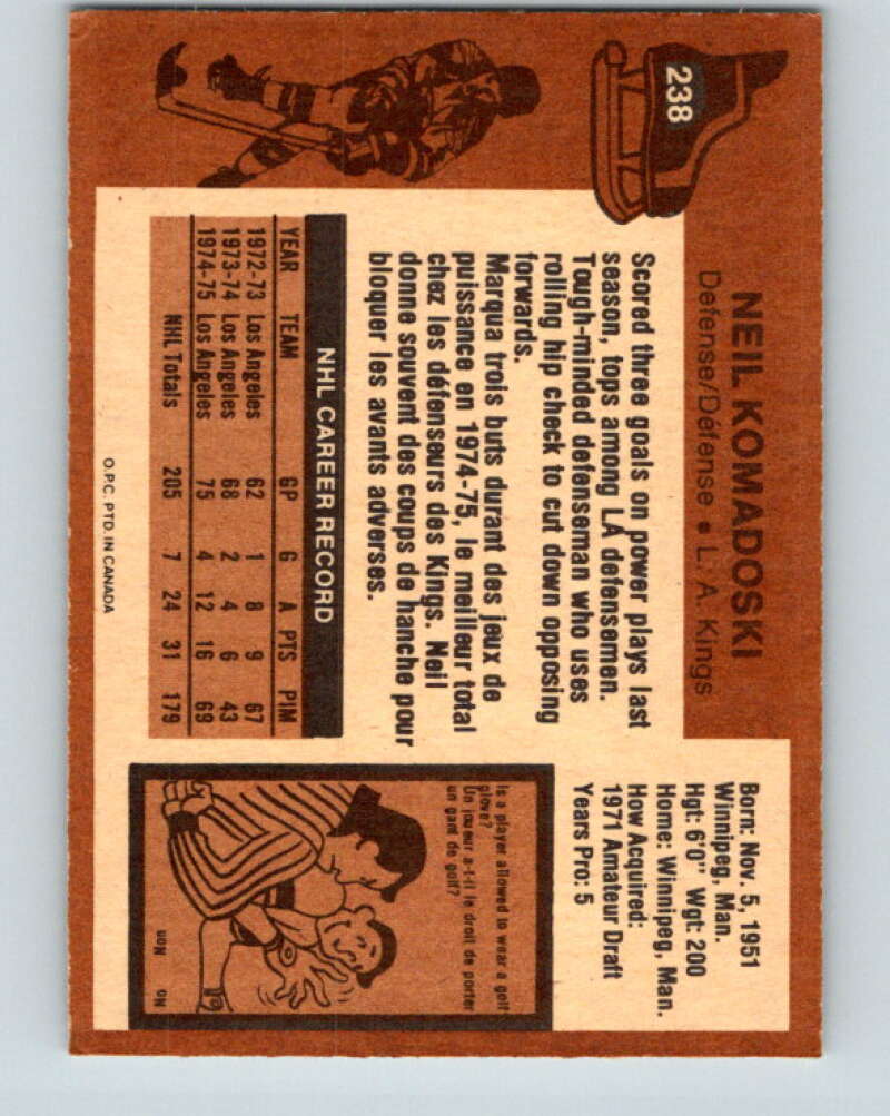 1975-76 O-Pee-Chee #238 Neil Komadoski Los Angeles Kings V6218
