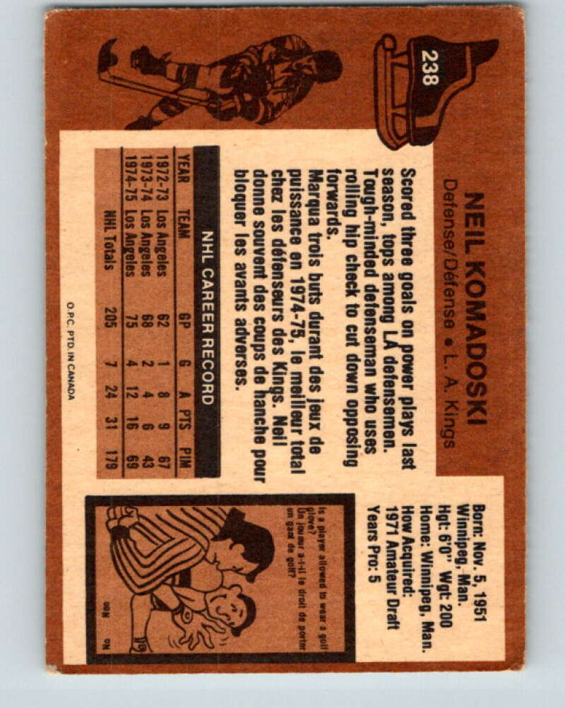1975-76 O-Pee-Chee #238 Neil Komadoski Los Angeles Kings V6219