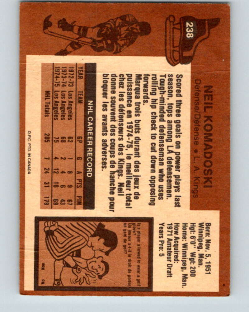 1975-76 O-Pee-Chee #238 Neil Komadoski Los Angeles Kings V6220