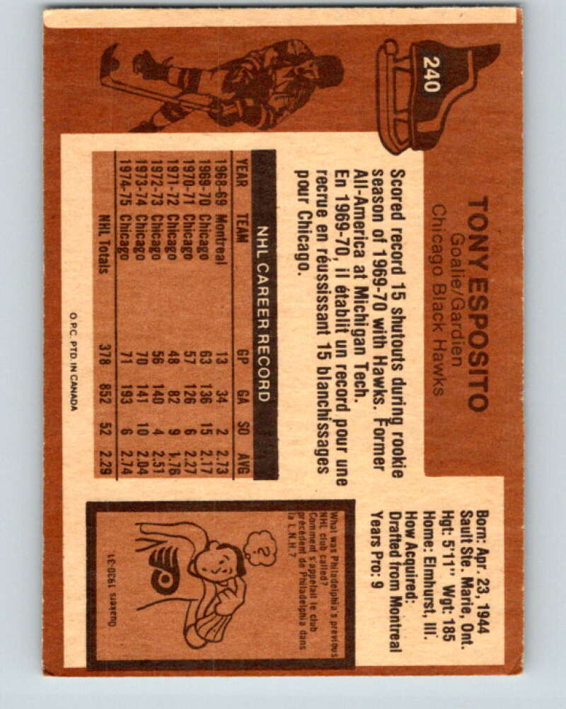 1975-76 O-Pee-Chee #240 Tony Esposito Chicago Blackhawks V6229