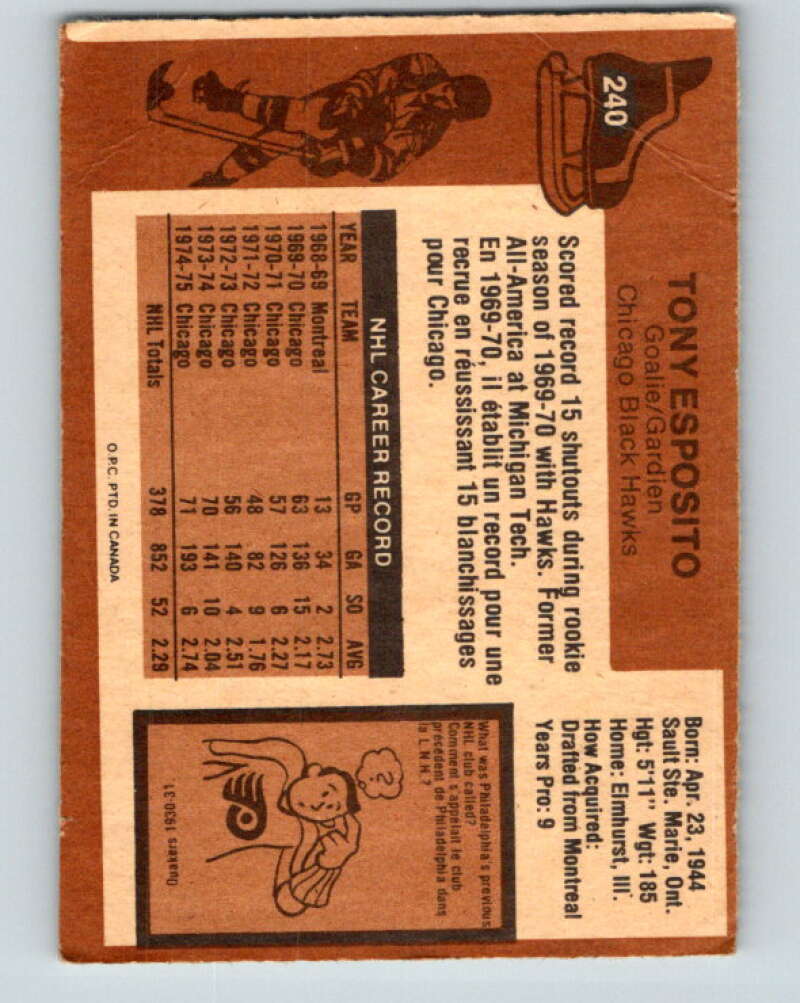 1975-76 O-Pee-Chee #240 Tony Esposito Chicago Blackhawks V6232