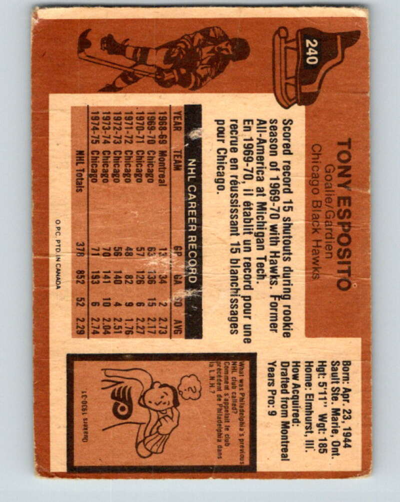 1975-76 O-Pee-Chee #240 Tony Esposito Chicago Blackhawks V6233