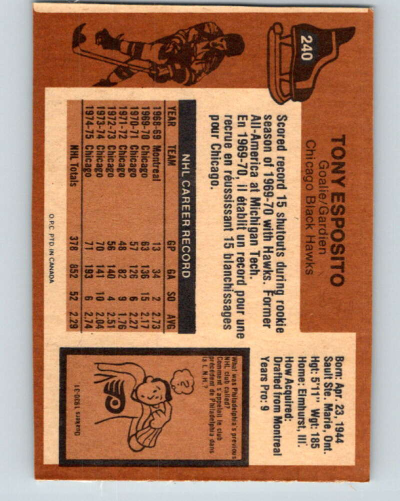 1975-76 O-Pee-Chee #240 Tony Esposito Chicago Blackhawks V6234
