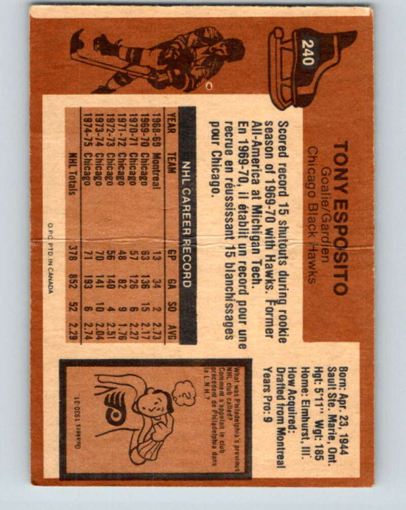 1975-76 O-Pee-Chee #240 Tony Esposito Chicago Blackhawks V6235