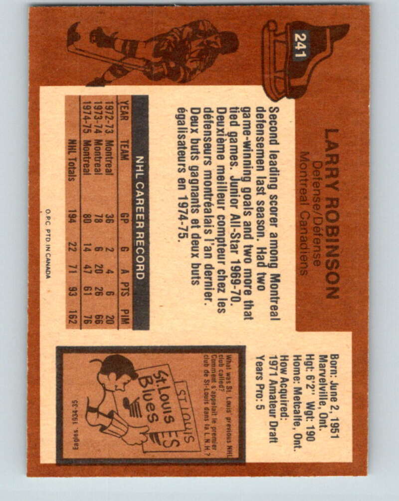 1975-76 O-Pee-Chee #241 Larry Robinson Montreal Canadiens V6236