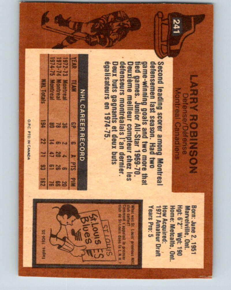 1975-76 O-Pee-Chee #241 Larry Robinson Montreal Canadiens V6237