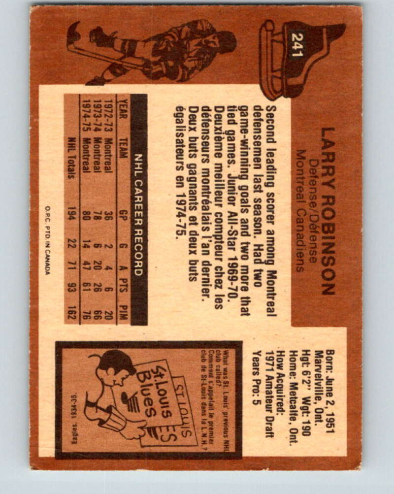1975-76 O-Pee-Chee #241 Larry Robinson Montreal Canadiens V6238