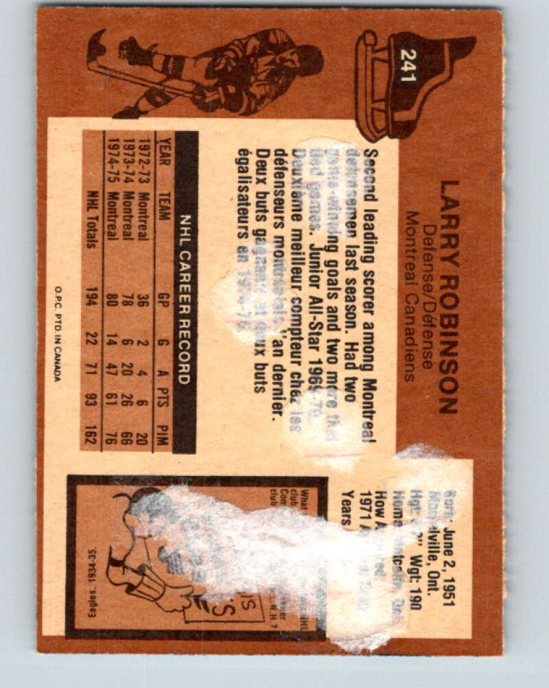1975-76 O-Pee-Chee #241 Larry Robinson Montreal Canadiens V6239